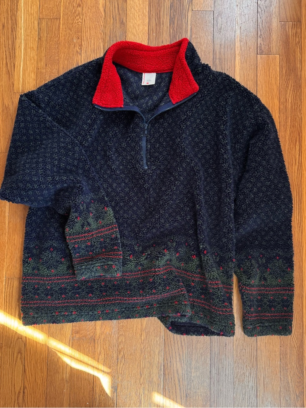 Vintage Hanna Anderson Navy Half-Zip Fleece with Red Collar and Green Accents